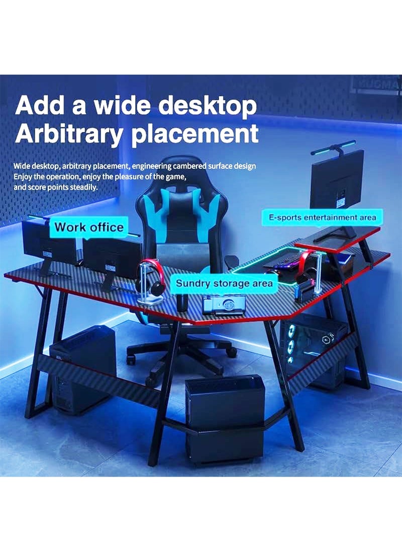 Gaming Desk Modern L Shaped Corner PC Gaming Table with Large Monitor Riser Stand Carbon Fibre Surface Study Table Workstation