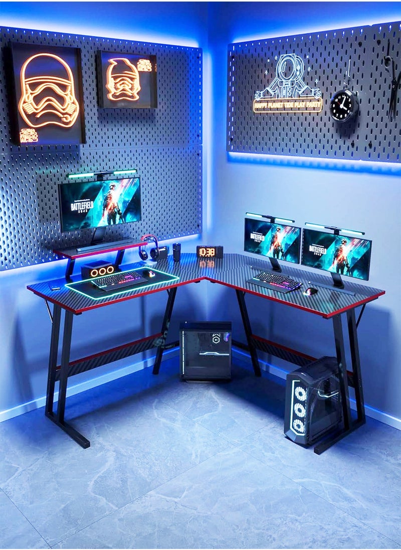 Gaming Desk Modern L Shaped Corner PC Gaming Table with Large Monitor Riser Stand Carbon Fibre Surface Study Table Workstation