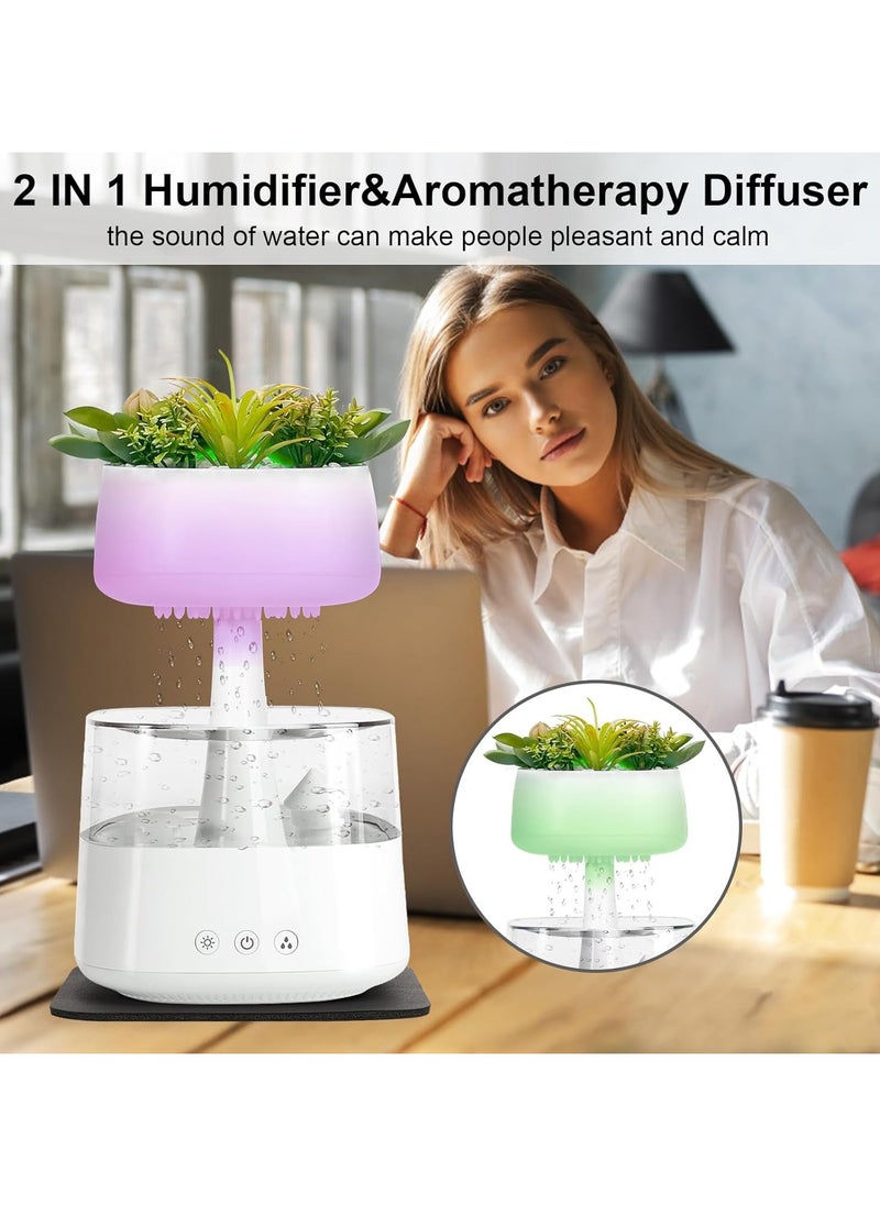 Cloud Rain Humidifier Water Drip 450ml, Cloud Rain Aromatherapy Essential Oil Diffuser with Artificial Plants Design, Raining Cloud Night Light Diffuser with 7 Colors LED Light for Bedroom Home Office