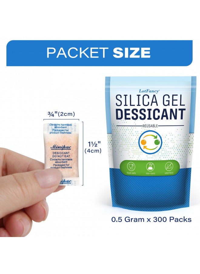 LotFancy Silica Gel Packets, 300 Packs 0.5 Gram, Indicating Desiccant Dehumidifier Packets, Food Safe Moisture Absorber Bags for Spices Jewelry Shoes