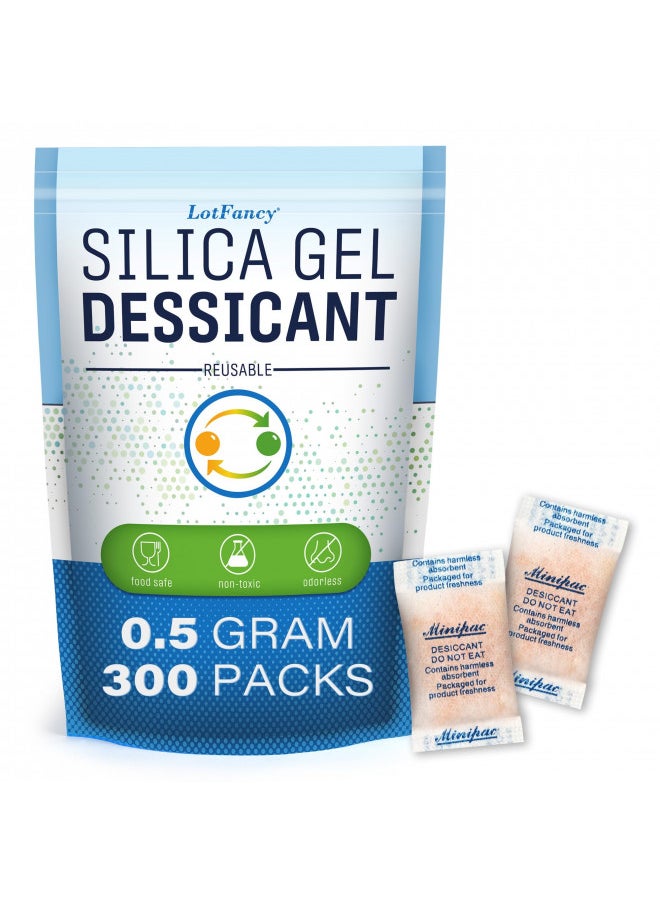 LotFancy Silica Gel Packets, 300 Packs 0.5 Gram, Indicating Desiccant Dehumidifier Packets, Food Safe Moisture Absorber Bags for Spices Jewelry Shoes