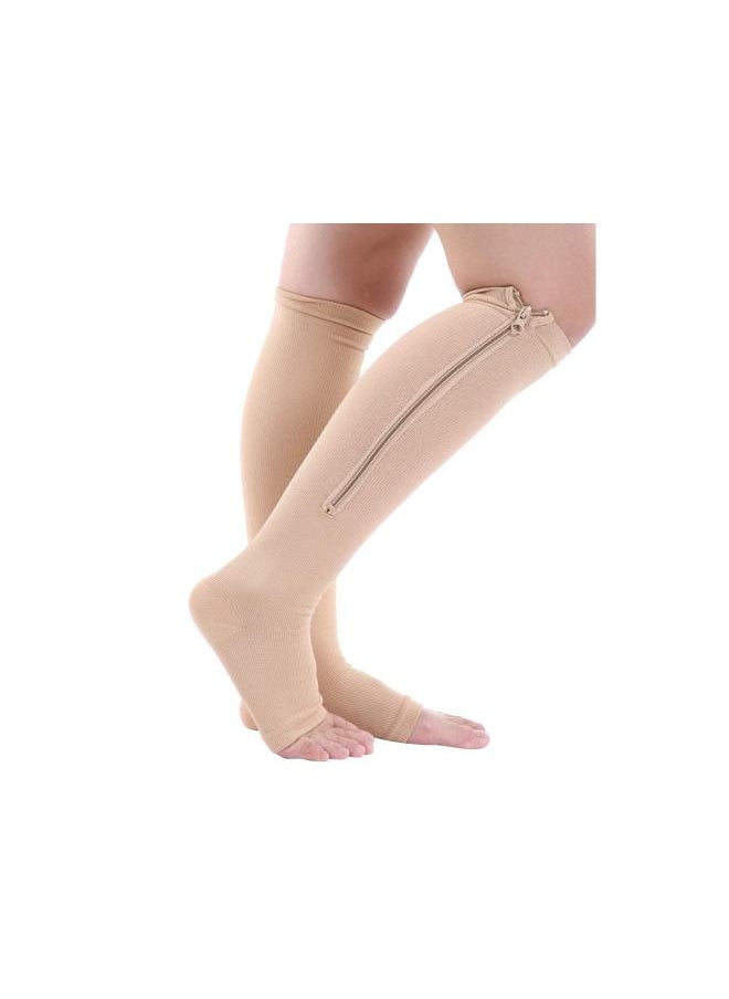 Compression Stockings with Zipper, Elastic Stockings for Leg Pain Relief (L/XL -Nude)