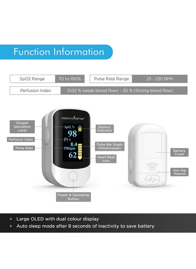 Pulse Oximeter, Spo2 Fingertip Monitor With Oled Display, Audio Visual Alarm, Plethysmograph, Four Directional Display, 1 Year Warranty & Batteries Included - Accu-Beat Fp 910