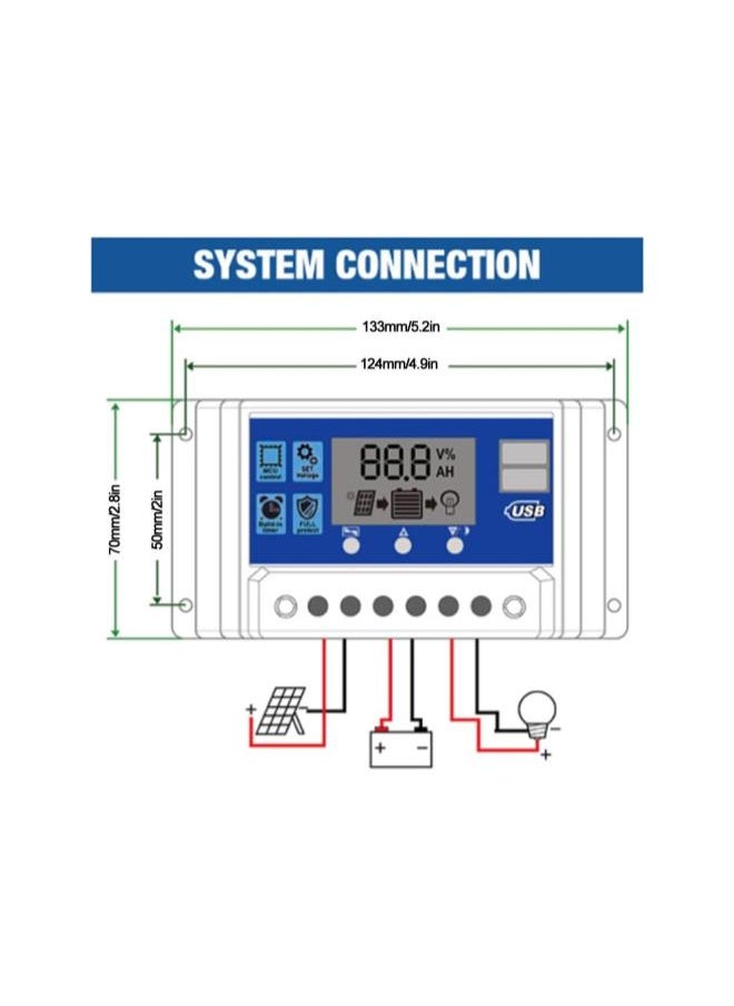 Solar Charge Controller LCD Display Dual USB Port PWM Solar Panel Battery Intelligent Regulator with Load Automatic Identification 12V/24V(10A)