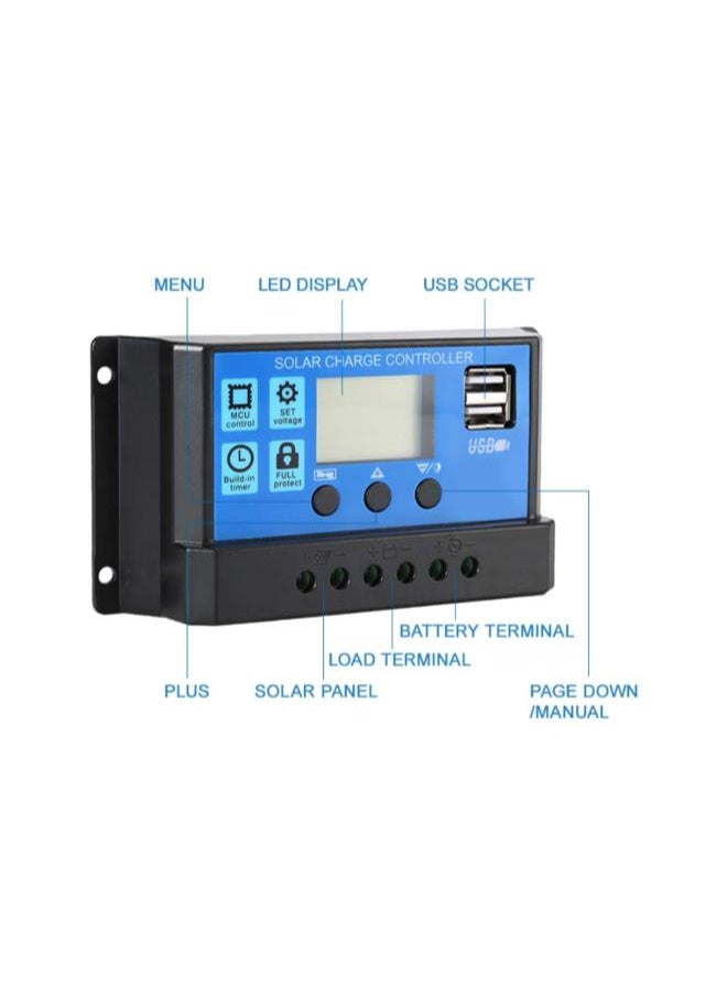 Solar Charge Controller LCD Display Dual USB Port PWM Solar Panel Battery Intelligent Regulator with Load Automatic Identification 12V/24V(30A)