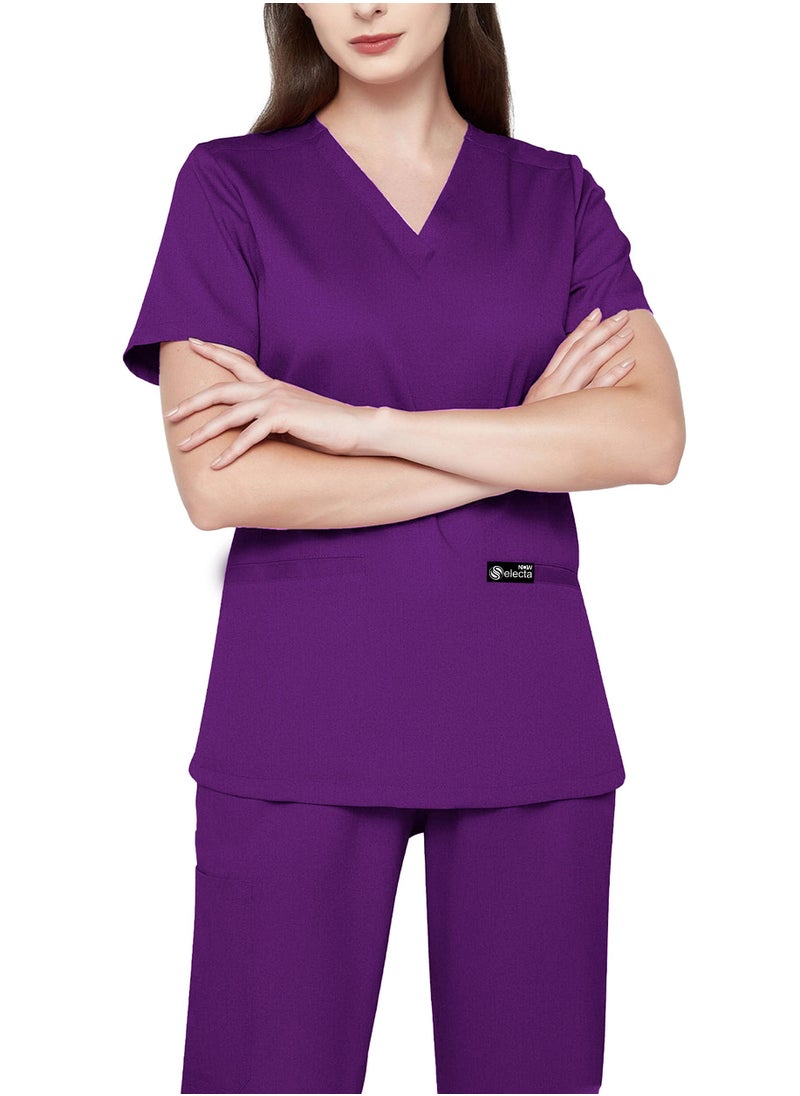 Womens Medical Scrubs Set V Neck Purple Top & Elastic Waist Bottom Comfortable Workwear for Nurses, Doctors, & Healthcare Professionals