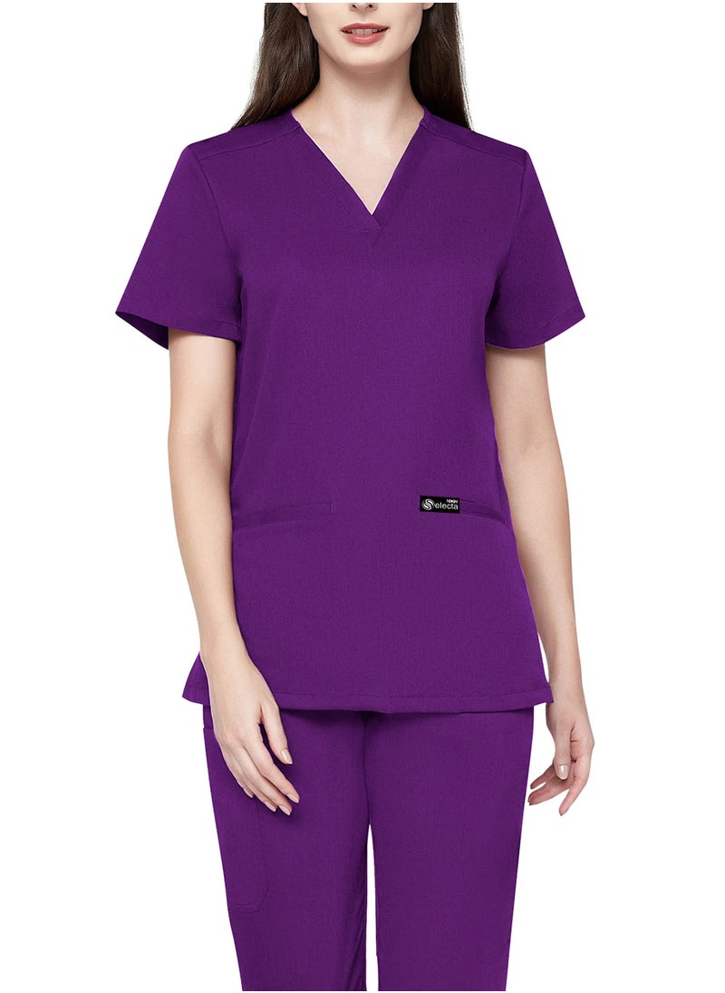 Womens Medical Scrubs Set V Neck Purple Top & Elastic Waist Bottom Comfortable Workwear for Nurses, Doctors, & Healthcare Professionals