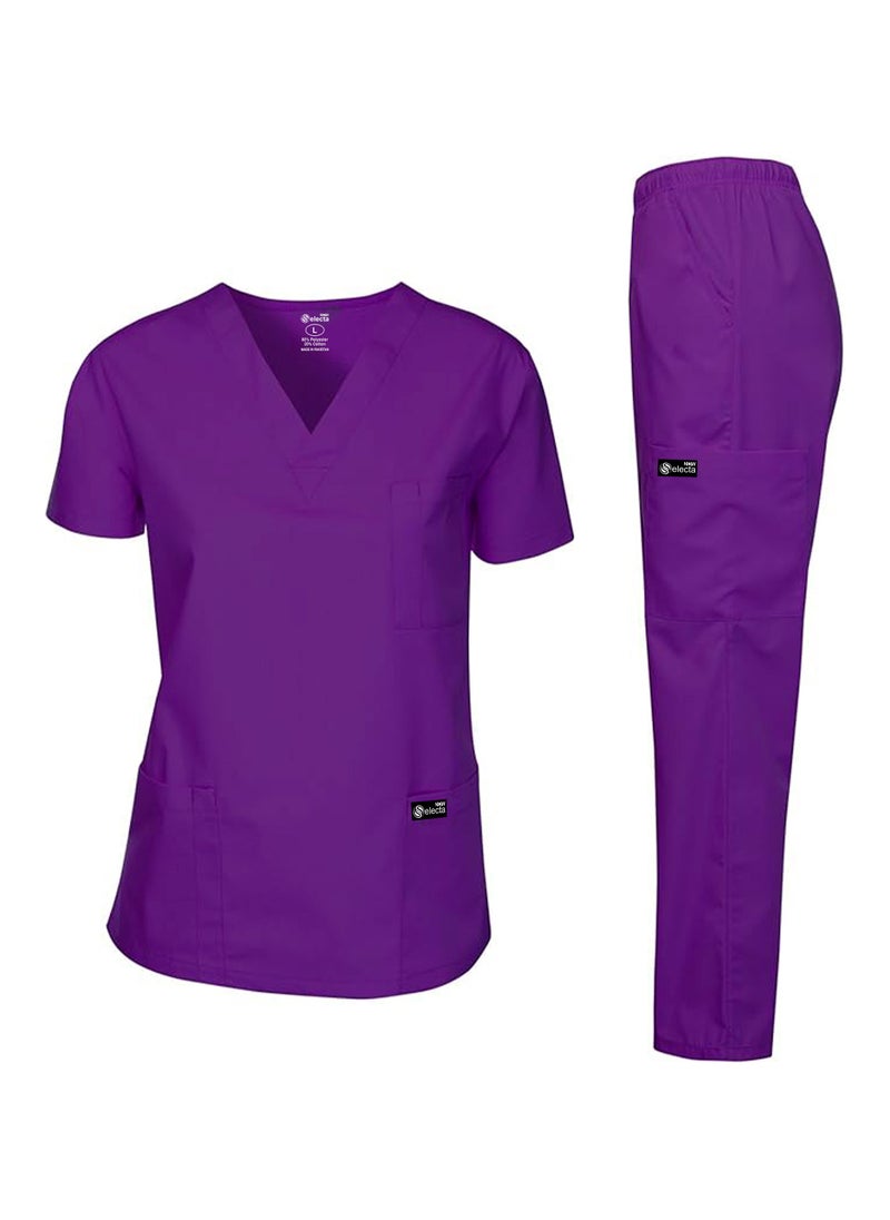 Womens Medical Scrubs Set V Neck Purple Top & Elastic Waist Bottom Comfortable Workwear for Nurses, Doctors, & Healthcare Professionals