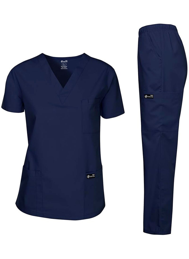 Womens Medical Scrubs Set V Neck Navy Blue Top & Elastic Waist Bottom Comfortable Workwear for Nurses, Doctors, & Healthcare Professionals