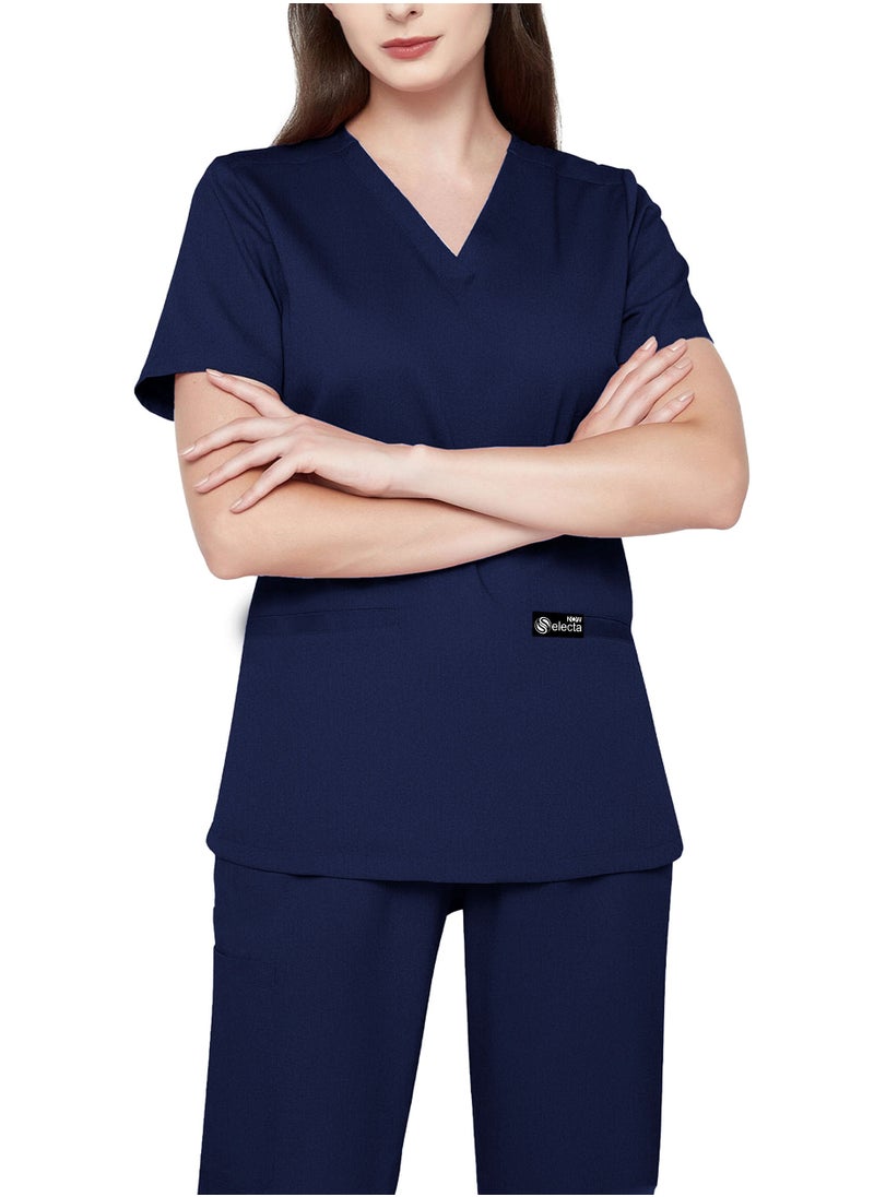 Womens Medical Scrubs Set V Neck Navy Blue Top & Elastic Waist Bottom Comfortable Workwear for Nurses, Doctors, & Healthcare Professionals