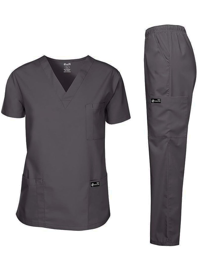 Womens Medical Scrubs Set V Neck Grey Top & Elastic Waist Bottom Comfortable Workwear for Nurses, Doctors, & Healthcare Professionals