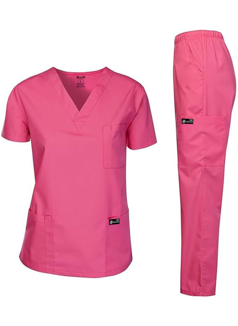 Womens Medical Scrubs Set V Neck Pink Top & Elastic Waist Bottom Comfortable Workwear for Nurses, Doctors, & Healthcare Professionals