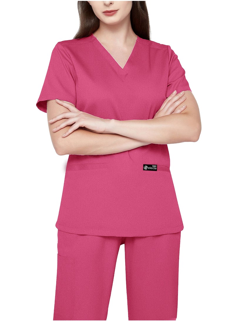 Womens Medical Scrubs Set V Neck Pink Top & Elastic Waist Bottom Comfortable Workwear for Nurses, Doctors, & Healthcare Professionals