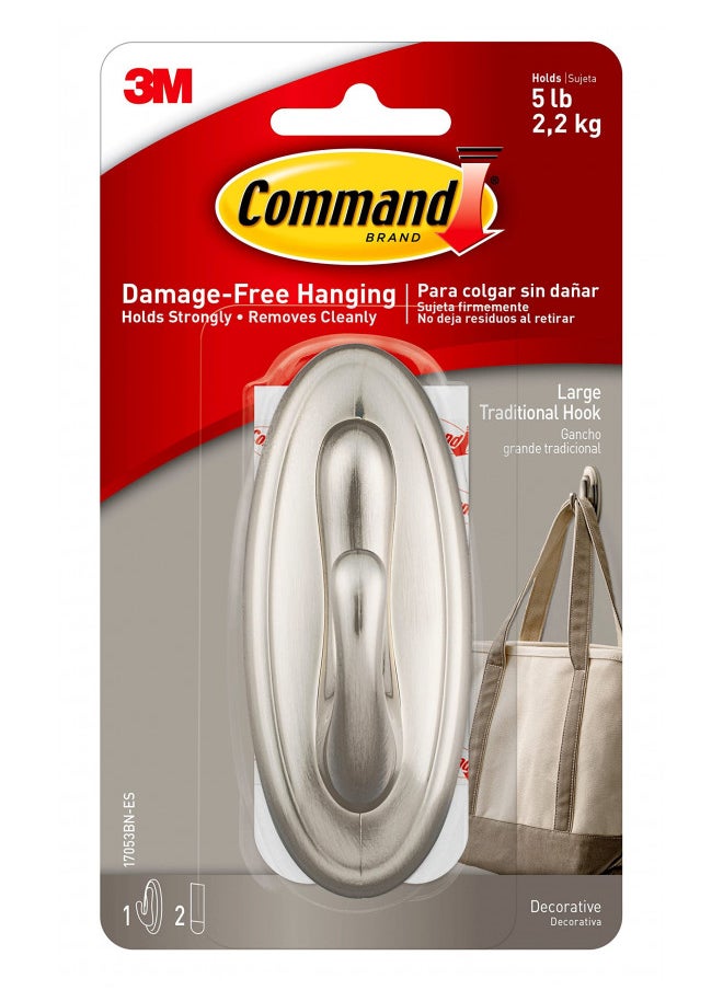 Command Large Traditional Plastic Hook, Brushed Nickel, 1-Hook, 2-Strips, Organize Damage-Free