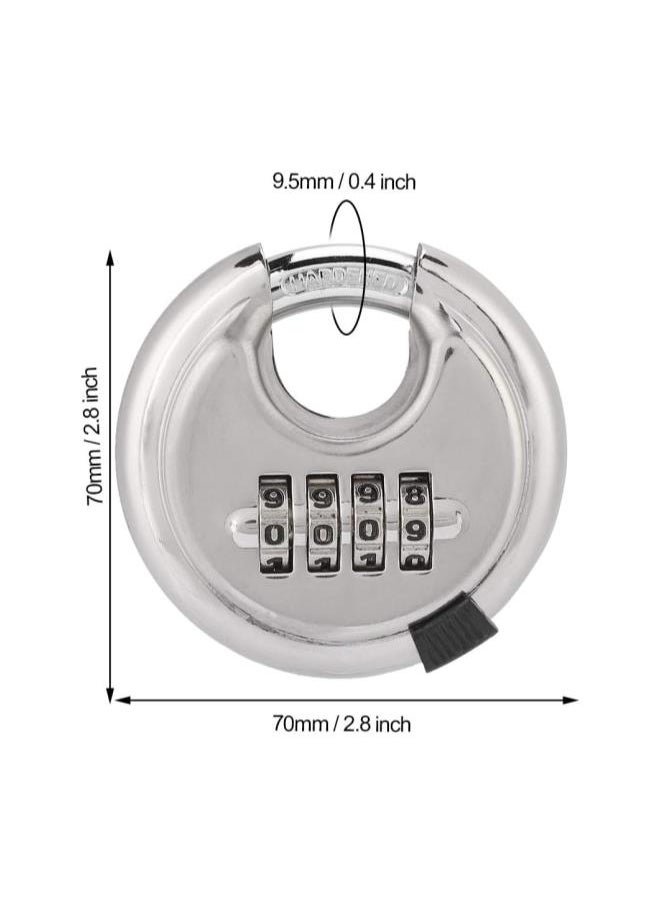 Stainless Steel Round Padlock 4 Digit Padlock Discus Lock with Hardened Steel Shackle Shelf Locker 70mm Thickened 9, 5mm for Warehouse, Sheds, Storage Locker, Units