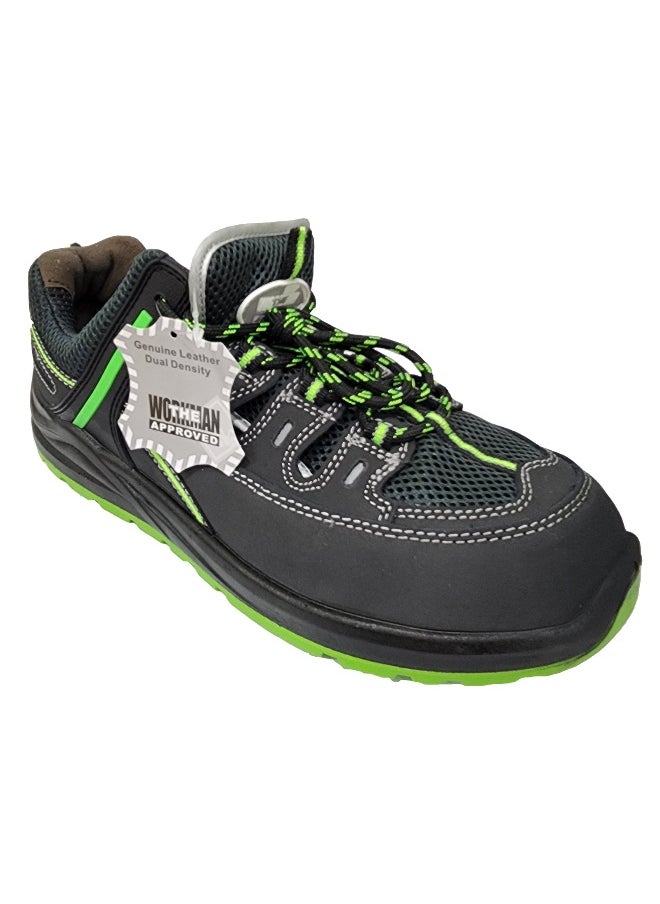 Vesta Black & Green Stylish Safety Shoes for Men | Antistatic, Anti-Slip, Water Resistant, Oil & Acid Resistant | Double Density with Steel Toe | Lighweight, Excellent Grip & Comfort | Size-42