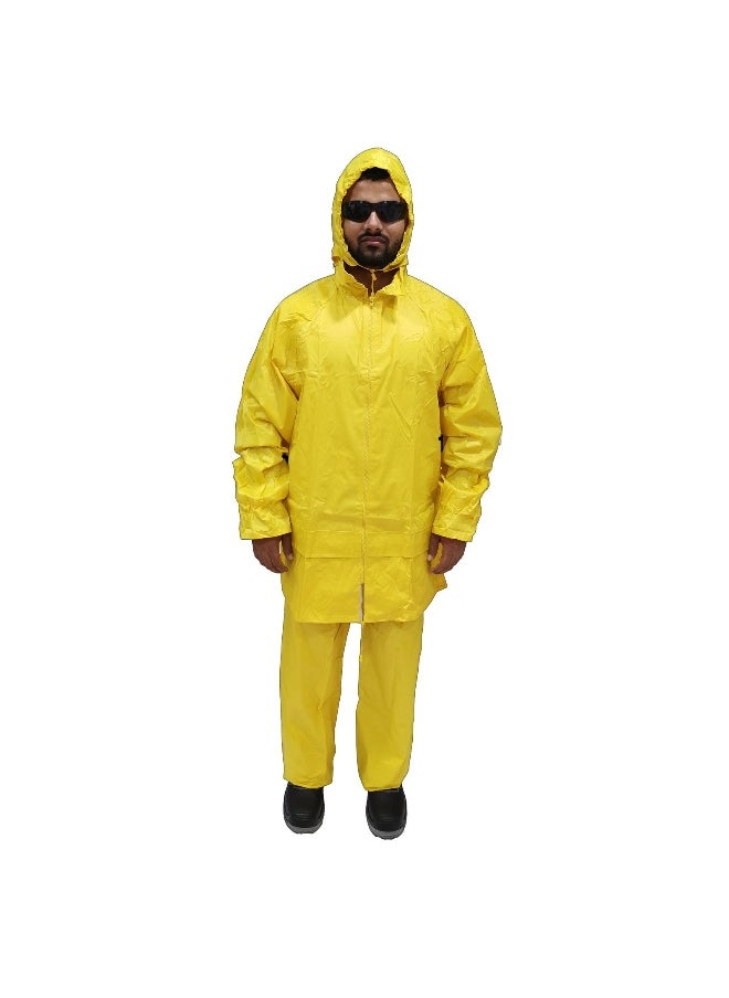 DW02 Polyestor Rainsuit with Fixed Hood | Durable Waterproof Workwear for Maximum Rain Protection | Yellow | Size-M