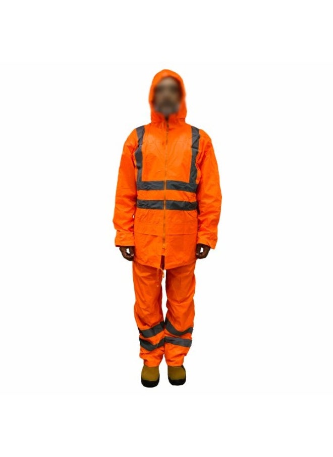 WORKMAN DW08 2 Line Strips Waterproof Rain Suit for Men & Women – Full-Body Protection, Windproof, and Lightweight | Flourscent Orange | Size-3XL