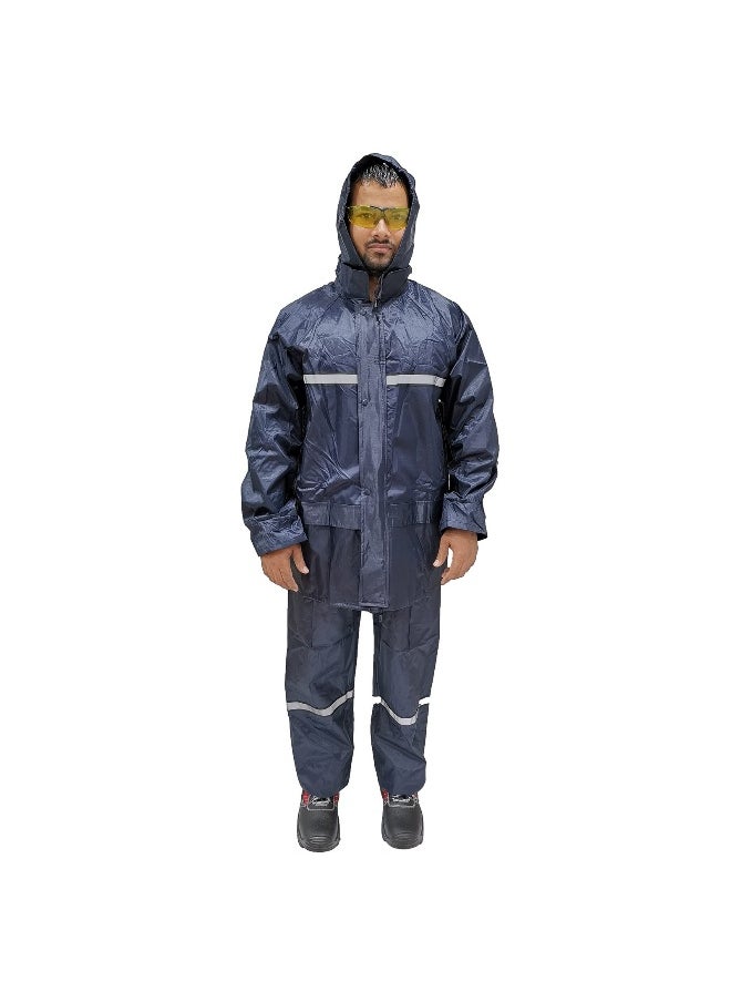 WORMAN Rain Suit DW05 Oxford Material with Reflective strips  | Waterproof Jacket & Trouser Set with Fixed Hood and Reflective Tape | Navy | Size-4XL