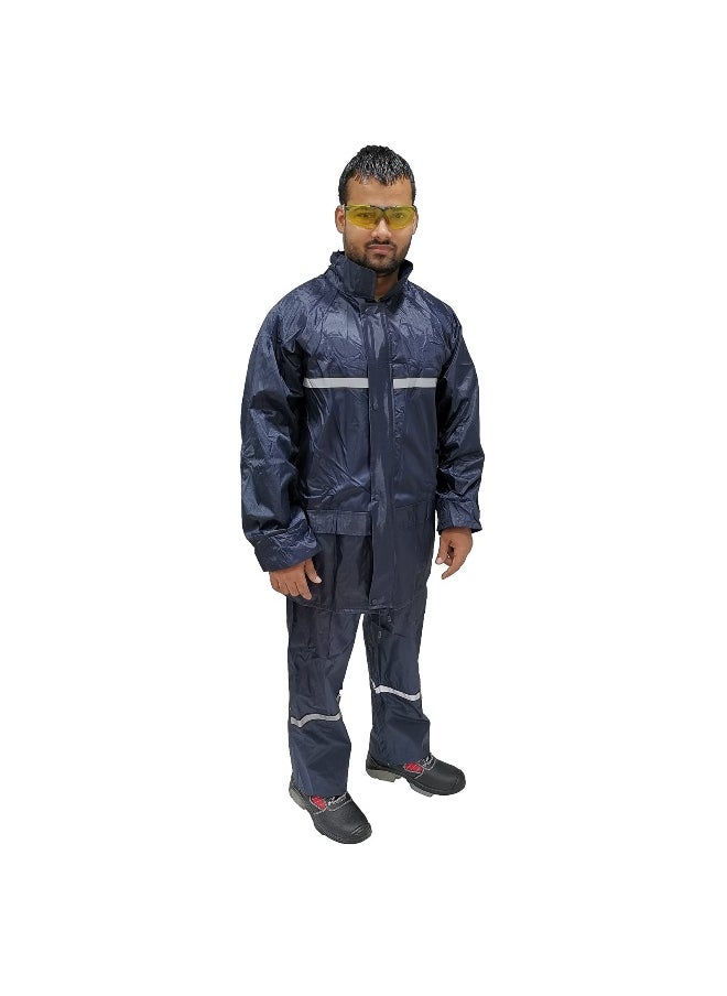 WORMAN Rain Suit DW05 Oxford Material with Reflective strips  | Waterproof Jacket & Trouser Set with Fixed Hood and Reflective Tape | Navy | Size-4XL