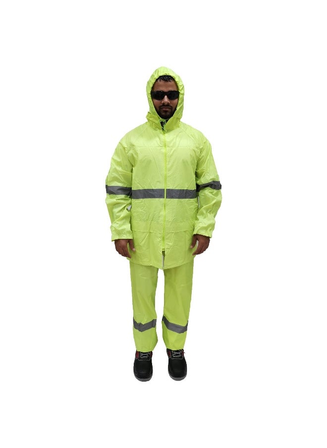 WORKMAN DW08 2 Line Strips Waterproof Rain Suit for Men & Women – Full-Body Protection, Windproof, and Lightweight | Green | Size-3XL