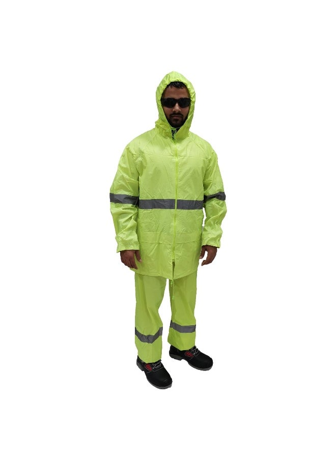 WORKMAN DW08 2 Line Strips Waterproof Rain Suit for Men & Women – Full-Body Protection, Windproof, and Lightweight | Green | Size-3XL