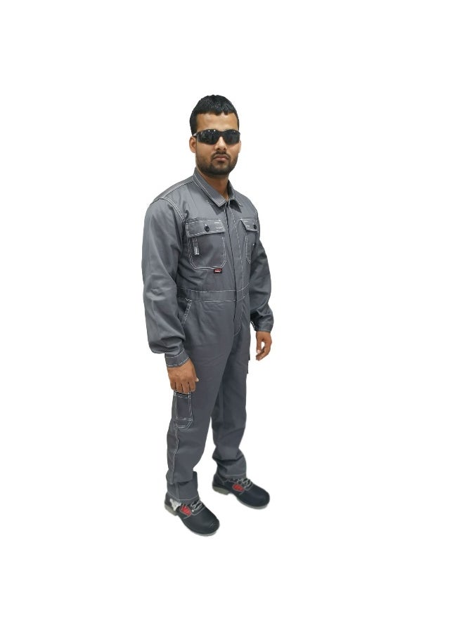 TAHA SAFETY Heavy-Duty Protective Workwear Coverall | Full-Body Industrial Safety Suit & Breathable Fabric for Construction, Manufacturing & Hazardous Environments | Grey | Size-L