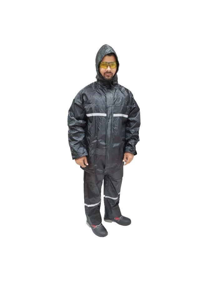 WORMAN Rain Suit DW05 Oxford Material with Reflective strips  | Waterproof Jacket & Trouser Set with Fixed Hood and Reflective Tape | Black | Size-4XL