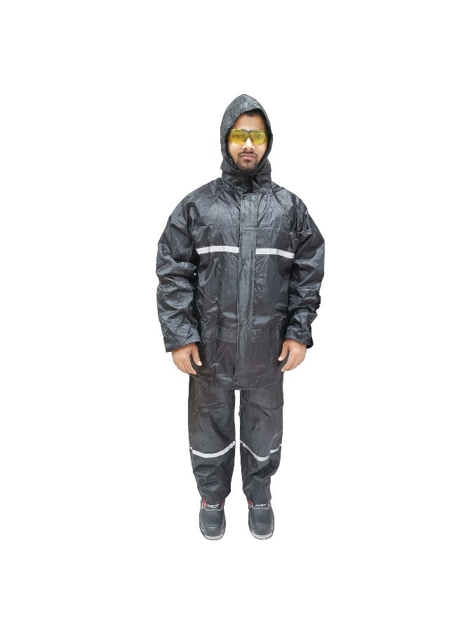 WORMAN Rain Suit DW05 Oxford Material with Reflective strips  | Waterproof Jacket & Trouser Set with Fixed Hood and Reflective Tape | Black | Size-L