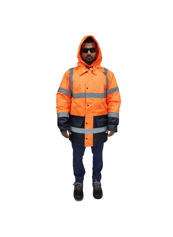 GL-05 Parka Jacket – High-Visibility Orange and Blue Waterproof, and Insulated Work Jacket – Warm & Protective for Outdoor & Industrial Use | Size-XL