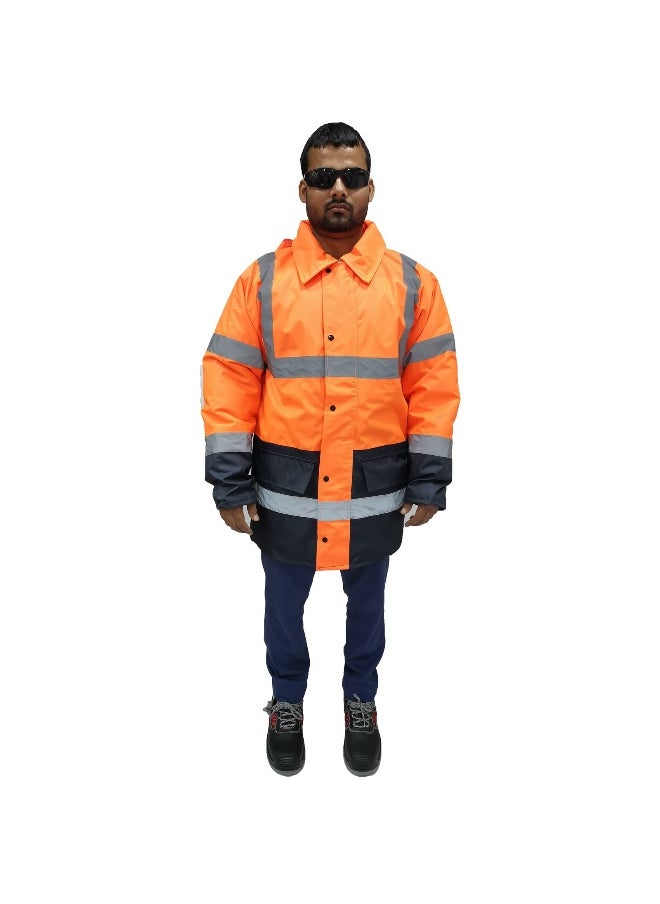 GL-05 Parka Jacket – High-Visibility Orange and Blue Waterproof, and Insulated Work Jacket – Warm & Protective for Outdoor & Industrial Use | Size-XL