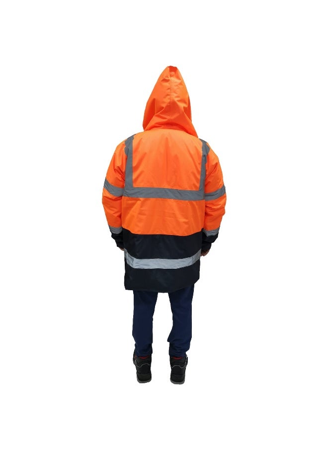 GL-05 Parka Jacket – High-Visibility Orange and Blue Waterproof, and Insulated Work Jacket – Warm & Protective for Outdoor & Industrial Use | Size-XL