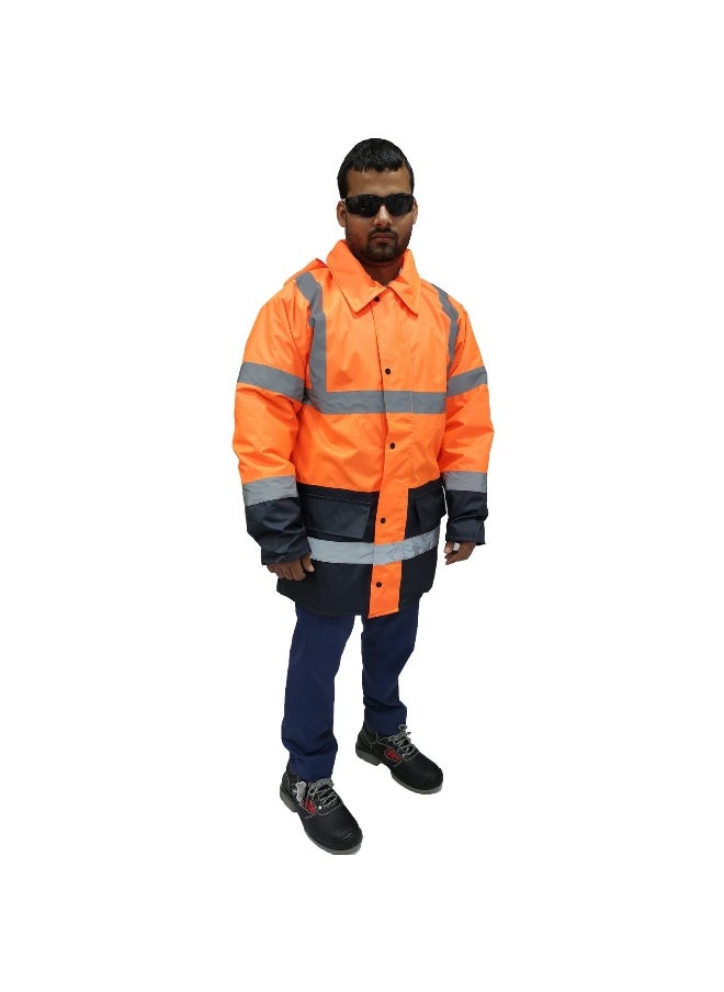 GL-05 Parka Jacket – High-Visibility Orange and Blue Waterproof, and Insulated Work Jacket – Warm & Protective for Outdoor & Industrial Use | Size-XL