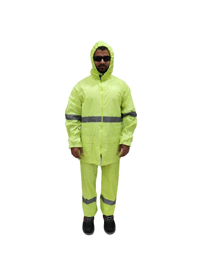 WORKMAN DW08 2 Line Strips Waterproof Rain Suit for Men & Women – Full-Body Protection, Windproof, and Lightweight | Green | Size-4XL