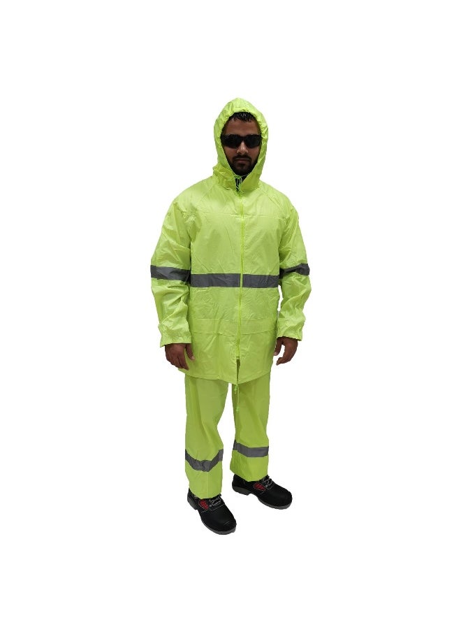 WORKMAN DW08 2 Line Strips Waterproof Rain Suit for Men & Women – Full-Body Protection, Windproof, and Lightweight | Green | Size-4XL