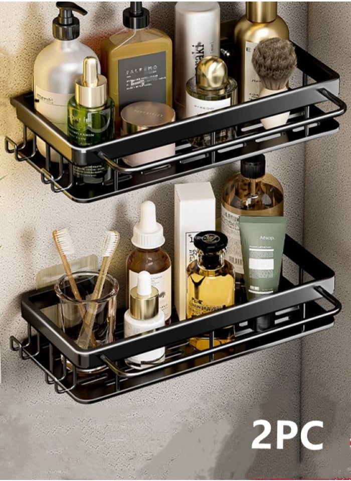 2-Piece Bathroom Rack Shower Shampoo Organizer Wall Mounted Storage Rack And Hooks And Towel Rack Aluminum  Alloy Black 30x17.5x5.5 Centimeter