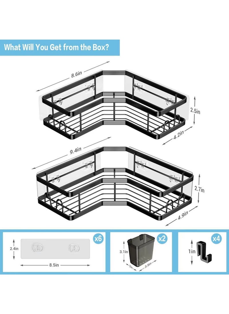 Corner Shower Caddy, 2 Pack Adhesive Shower Corner Organizer Shelves, No Drilling Stainless Steel Shower Storage Rack with Hooks Toothpaste Holder for Bathroom, Dorm and Kitchen，white