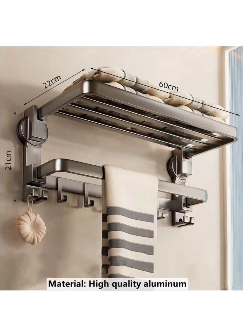 1-Piece Bathroom Shelf Wall Mounted Suction Cup Storage Rack Multifunctional Towel Rack Aluminum Grey 60x22x21 cm