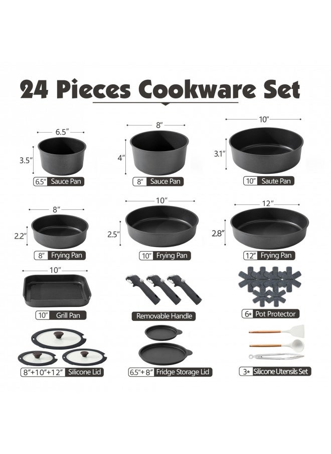 SENSARTE 24 Piece Pots and Pans Set, Nonstick Detachable Handle Cookware, Induction Kitchen Cookware Set with Removable Handle, Healthy Non Stick RV Cookware, DishwasherOven Safe, PFOA Free (Black)