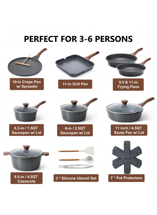 SENSARTE Nonstick Cookware Set 23-Piece, Non Stick Pots and Pans Set with Swiss Granite Coating, Non-toxic Kitchen Cooking Set, Stay-Cool Handles, PFOA Free