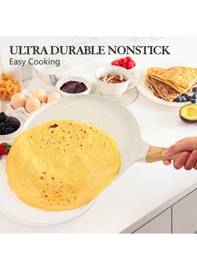 SENSARTE Nonstick Crepe Pan with Spreader, 12-Inch Natural Ceramic Coating Dosa Pan Pancake Flat Skillet Tawa Griddle with Stay-Cool Handle, Induction Compatible, PFOA Free (White)