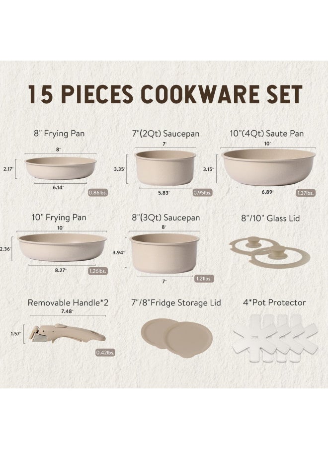 CAROTE 15pcs Pots and Pans Set, Nonstick Cookware Set Detachable Handle, Induction Kitchen Cookware Sets Non Stick with Removable Handle, RV Cookware Set, Oven Safe, Taupe