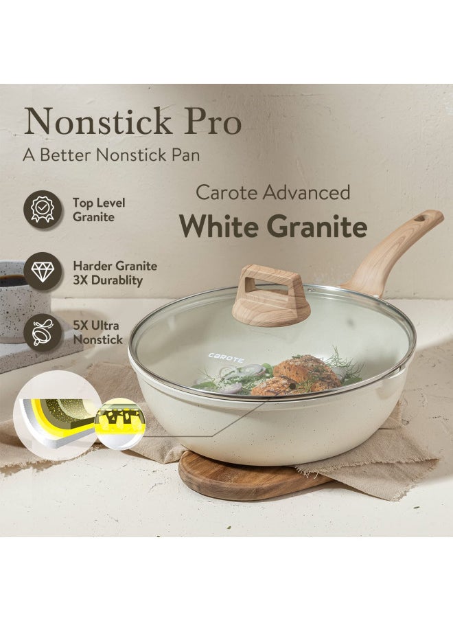 CAROTE 12Inch Nonstick Deep Frying Pan with Lid, 5.5 Qt Jumbo Cooker Saute Pan with Pour Spout, Skillet Induction Cookware, Non Stick Cooking Pan Kitchen Pan PFOA Free, White Granite