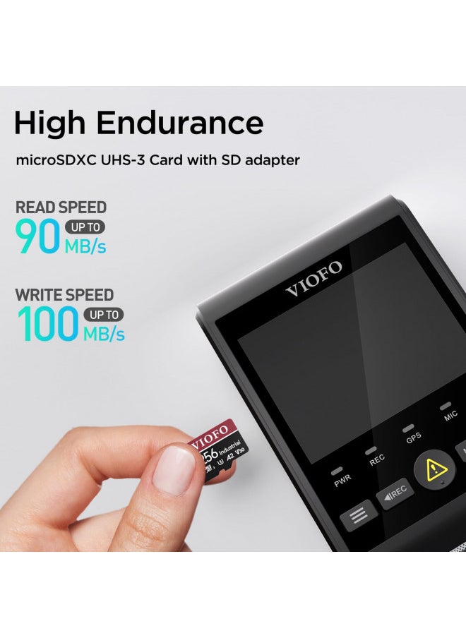 VIOFO 256GB Industrial Grade microSD Card, U3 A2 V30 High Speed Memory Card with Adapter, Support Ultra HD 4K Video Recording