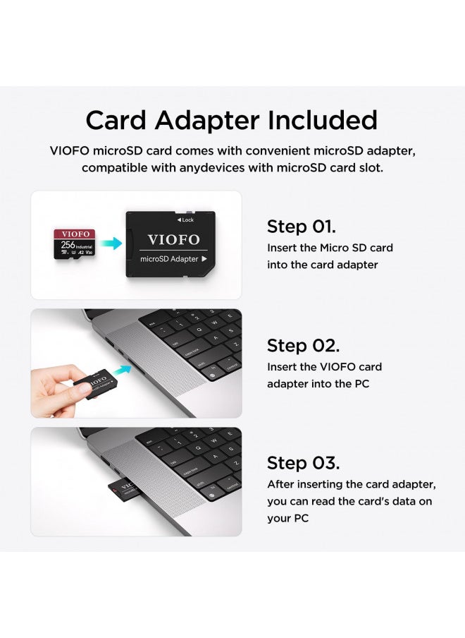 VIOFO 256GB Industrial Grade microSD Card, U3 A2 V30 High Speed Memory Card with Adapter, Support Ultra HD 4K Video Recording