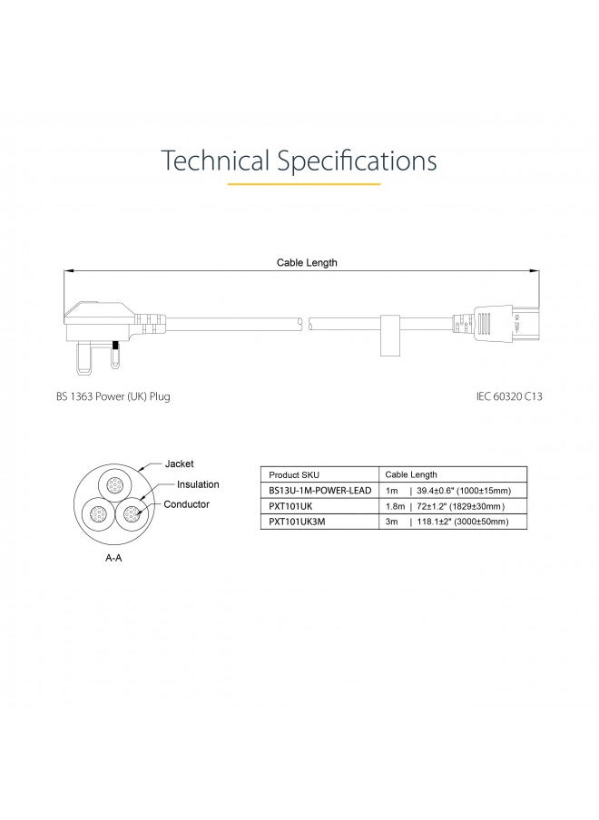 StarTech.com 6ft (1.8m) UK Computer Power Cable, 18AWG, BS 1363 to C13, 10A 250V, Black Replacement AC Power Cord, Kettle Lead / UK Power Cord, PC Power Supply Cable, TV/Monitor Power Cable (PXT101UK)