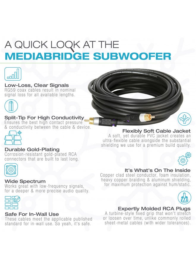 Mediabridge ULTRA Series Subwoofer Cable (15 Feet) - Dual Shielded with Gold Plated RCA to RCA Connectors - Black