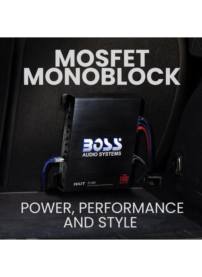 BOSS Audio Systems R1100M Riot Series Car Audio Subwoofer Amplifier - 1100 High Output, Monoblock, Class A/B, 2/4 Ohm Stable, Low/High Level Inputs, Low Pass Crossover, Mosfet Power Supply, Stereo