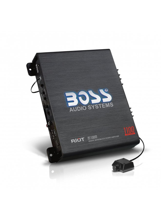 BOSS Audio Systems R1100M Riot Series Car Audio Subwoofer Amplifier - 1100 High Output, Monoblock, Class A/B, 2/4 Ohm Stable, Low/High Level Inputs, Low Pass Crossover, Mosfet Power Supply, Stereo