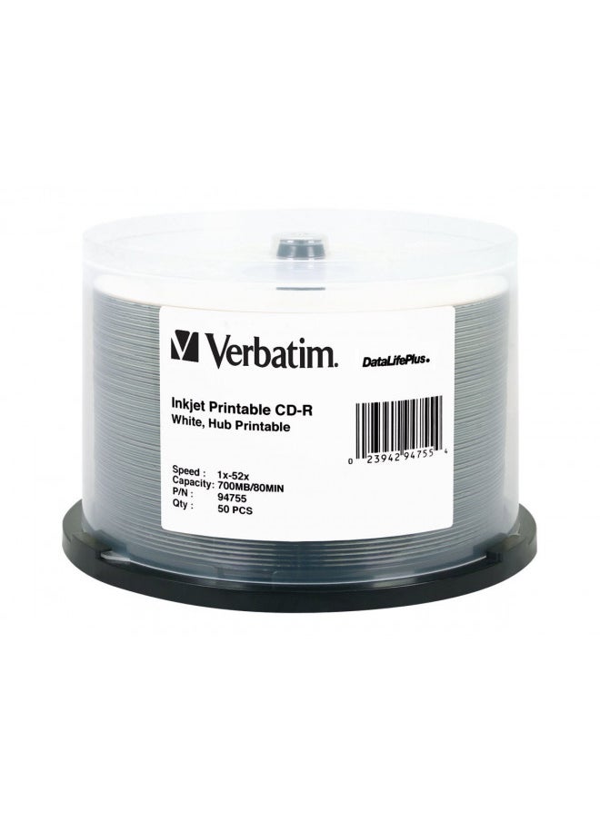 Verbatim CD-R 700MB 52X DataLifePlus White Inkjet Printable, Hub Printable - 50pk Spindle - 94755